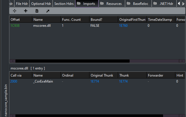 Import table view from PE-bear highlighting CLR initialization