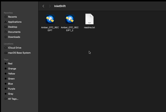 Amber_OTC_RECEIPT.app in Finder showing PDF-like icon disguise
